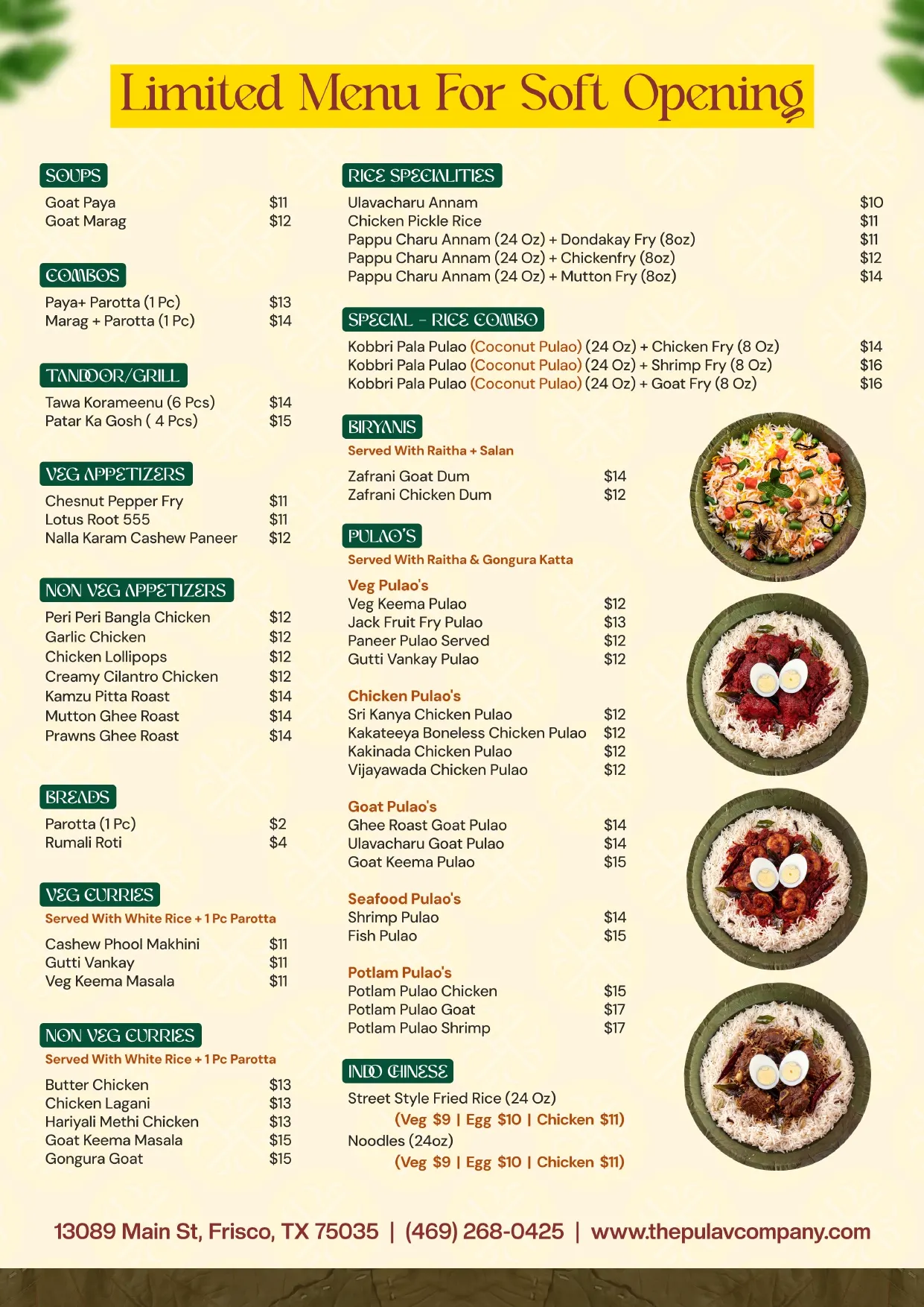 Frisco Limited Menu For Soft Opening - The Pulao Company
